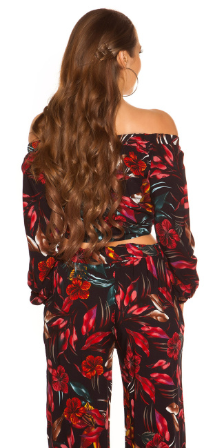 off shoulder shirt floral print with loop Black
